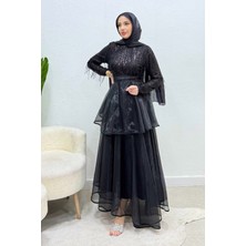 Tesettür Diyarı Alvera Payet Püsküllü Tül Tesettür Abiye- Siyah