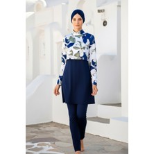 Marina Tam Kapalı Tesettür Mayo Lacivert, Çiçek Desenli, Su İtici Apreli, Bel Stoperli 4 Parça Set 1972