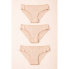 Kadın 3'lü Dantelli Basic Slip Külot Ten