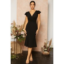 Sidelya Concept Kadın Kısa Kelebek Kollu Kruvaze Yaka Ithal Krep Midi Elbise