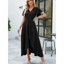 Sidelya Concept Kadın Kısa Kollu Kruvaze Yakalı Önden Volanlı Çapraz Kesim Detaylı Maksi Boy Ithal Krep Elbise