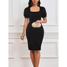 Sidelya Concept Kadın Kısa Kollu Geometrik Yaka Ithal Krep Elbise