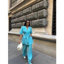 Sidelya Concept Kısa Kol Bağlama Detaylı Ceket-Pantolon Takım - Mavi