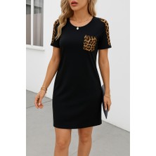 Sidelya Concept Kadın Kısa Kollu Yuvarlak Yaka Cepli Leopar Desen Detaylı Viskon Elbise