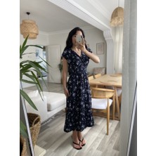 Sidelya Concept Kadın Kısa Kollu Kruvaze Yakalı Beli Lastikli Çiçek Desenli Elbise