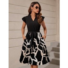 Sidelya Concept Kadın Kısa Kollu V Yakalı Üst Janjan Krep Alt Desenli Süprem Mini Elbise