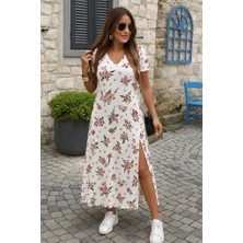 Sidelya Concept Kadın Kısa Kollu V Yakalı Maksi Boy Viskon Elbise