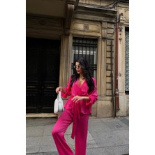 Sidelya Concept Saten Kruvaze Bağlamalı Bluz- Pantolon Takım - Fuşya