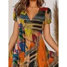 Sidelya Concept Kadın Kısa Kollu V Yaka Renkli Karışık Desen Kloş Süprem Midi Elbise