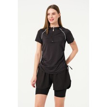 Kısa Kol Yarım Fermuarlı Şortlu Taytlı Yarı Kapalı Mayo 24156 SIYAH02