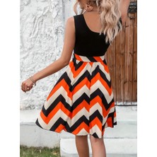 Sidelya Concept Kadın Askılı Yuvarlak Yakalı Belden Kuşaklı Zikzak Desenli Süprem Elbise