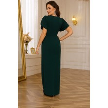 Sidelya Concept Kadın Kısa Kollu Kruvaze Yakalı Belden Çiçek Aksesuarlı Yırtmaçlı Ithal Krep Elbise