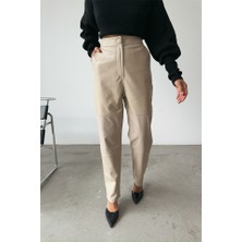 Sidelya Concept Deri Pantolon Diz Parçalı - Taş