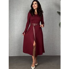 Sidelya Concept Kadın Uzun Kollu Yakalı Belden Deri Detaylı Kuşaklı Yırtmaçlı Midi Viskon Iki Iplik Elbise