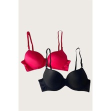 Red Womans Siyah-Kırmızı 2'li Mikro Kumaş Push Up Dolgulu Balenli Günlük Destekli Sütyen