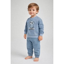Dinamik çocuk Erkek Bebek Esnek Kot 2li Alt Üst Takım Kaykaycı Ayıcık Baskılı Sweatshirt Eşofman Takımı 6-9-12-18-24AYLIK