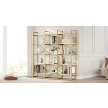 Md Vitrin Dekorasyon Gold Metal Kitaplık 5 Raflı Geniş 3 Bölme 175CM Mermer Desen Vg6-Ge