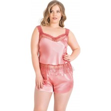 Red Womans Büyük Beden Mercan Saten Babydoll Şort Takımı