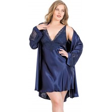 Red Womans Büyük Beden Lacivert Kısa Ikili Saten Sabahlık Gecelik Takımı