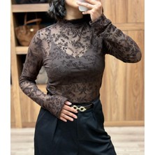 Vazıradk Kahve Küçük Çiçek Desenli Transparan Uzun Kollu Bluz