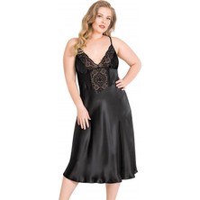 Red Womans Büyük Beden Siyah Uzun Saten Gecelik