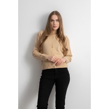 Kadın Gold Düğmeli Basic Triko Hırka - Bej