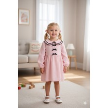 Kidello Pembe Çift Yakalı Müslin Uzun Kollu Kız Çocuk Elbisesi | Fiyonklu Pamuklu ve Şık Tasarım