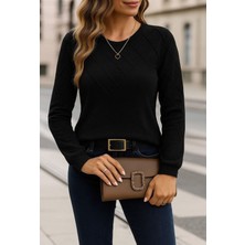 Stelol Kadın Uzun Kollu Bisiklet Yaka Geometrik Desenli Triko Bluz