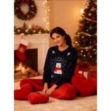NiCe İç Giyim Lacivert Kırmızı Kutup Ayısı Temalı Welsoft Peluş  Bayan Kadın Pijama Takımı Homewear Ev Giyim