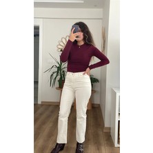 Nihanello Butik Boru Model Paçaları Kesik Ekru Jean