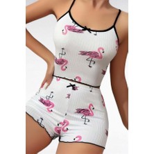 Red Womans Pamuklu Beyaz Üstüne Pelikan Desen Fitilli Askılı Şortlu Pijama Takımı