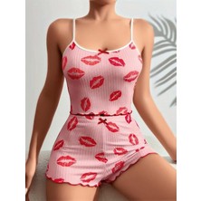Red Womans Pamuklu Kiss Öpücük Desen Pembe Şortlu Pijama Takımı