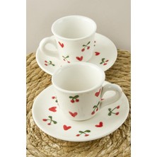 Bijuteri Net Kalp Kiraz Desenli Seramik Ikili Fincan Takımı
