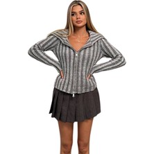 Kechi Woman Madonna Yaka Çizgili Çift Fermuarlı Gri Triko Hırka