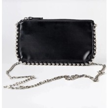 Turqa Kadın Siyah Deri Metal Boncuklu Clutch Mini Çapraz Çanta