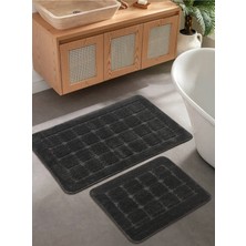 Konfor Halı Doğal Kaymaz Taban Banyo Paspas Seti Uzun Ömürlü Yumuşak Dokulu Su Emici Yıkanabilir Kareli Set 50X80-50X40