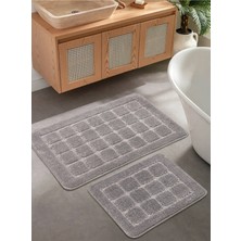 Konfor Halı Doğal Kaymaz Taban Banyo Paspas Seti Uzun Ömürlü Yumuşak Dokulu Su Emici Yıkanabilir Kareli Set 50X80-50X40