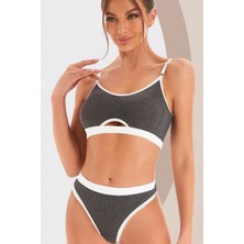 İmoda Gcm Kadın Gri Antrasit Kaşkorse ve Beyaz Lastikli Cut-Out Tanga Külotlu Takım Gün Boyu Destek