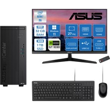 Asus Expertcenter B900MF Intel® Core™ Ultra 7 265 5.3ghz Aı 32GB Ddr5 1tb SSD 4GB/GT1030  27"Mon120Hz  WIN11HOME Mini Tower Masaüstü Bilgisayar B900MF10302721H13+ZETTAUSBBELLEK