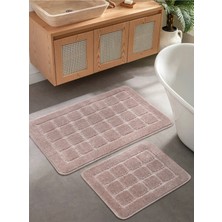 Konfor Halı Doğal Kaymaz Taban Banyo Paspas Seti Uzun Ömürlü Yumuşak Dokulu Su Emici Yıkanabilir Kareli Set 50X80-50X40