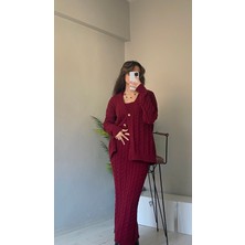 Zenti Butik Kadın Saç Örgü Detaylı Etek Hırka Crop Üçlü Triko Takım