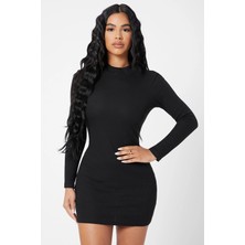 İmoda Gcm Kadın Siyah Kaşkorse Balıkçı Yaka Uzun Kollu Bodycon Mini Elbise