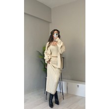 Zenti Butik Kadın Saç Örgü Detaylı Etek Hırka Crop Üçlü Triko Takım