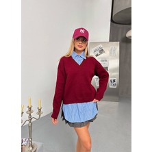 Kechi Woman Gömlek Detay Bordo Triko Kazak 2'Li