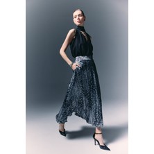 Sateen Leopar Desenli Uzun Etek - Siyah