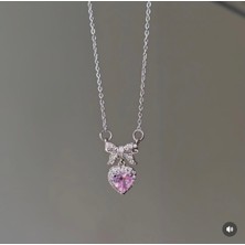 Gözde Aksesuarım Pembe Kalpli Fiyonk Kolye Çelik