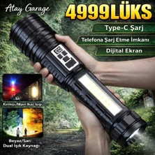 Atay Garage 4999 LUX Dijital Göstergeli LED El Feneri – Type-C Şarjlı, Powerbank Özellikli, Kırmızı/Mavi Uyarı Işıklı
