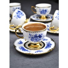 Qualitev 6 Lı Porselen Altın Yaldızlı Kahve Fincanı Mavi Çiçek Ayaklı Lüks Fincan 90 ml