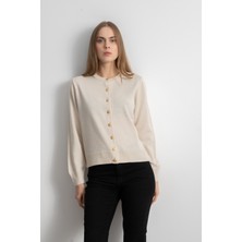 Kadın Gold Düğmeli Basic Triko Hırka - Krem