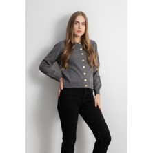 Kadın Gold Düğmeli Basic Triko Hırka - Gri